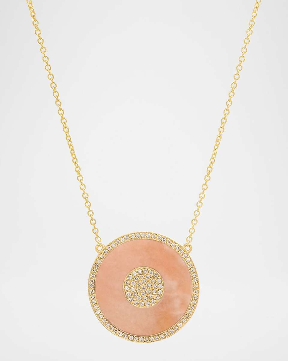 18K Yellow Gold Large Inlay Evil Eye Necklace with Pink Opal and Diamonds